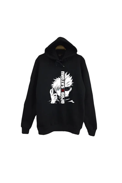 fame-stoned Jujutsu Kaisen Satoru Gojo Anime Baskılı Unisex %100 Pamuk Kapüşonlu Siyah Sweatshirt ürün görseli 1