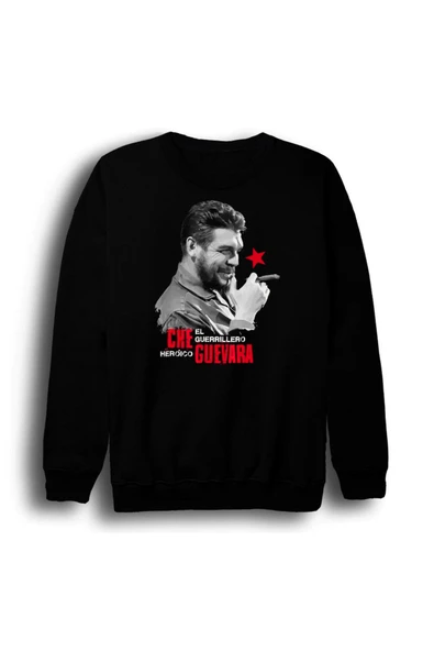 fame-stoned Che Guevera Baskılı Unisex %100 Pamuk Siyah Bisiklet Yaka Sweatshirt ürün görseli 1