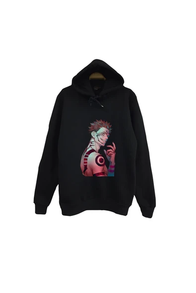fame-stoned Jujutsu Kaisen Anime Baskılı Unisex %100 Pamuk Siyah Kapüşonlu Sweatshirt ürün görseli 1