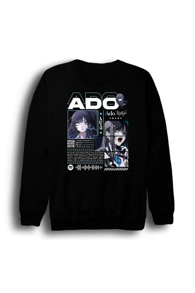 fame-stoned Ado Japon - K-Pop - Rock - Müzik Baskılı Unisex %100 Pamuk Bisiklet Yaka Siyah Sweatshirt ürün görseli 1