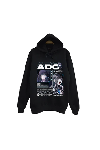 fame-stoned Ado Japon - K-Pop - Rock - Müzik Baskılı Unisex %100 Pamuk Kapüşonlu Siyah Sweatshirt ürün görseli 1
