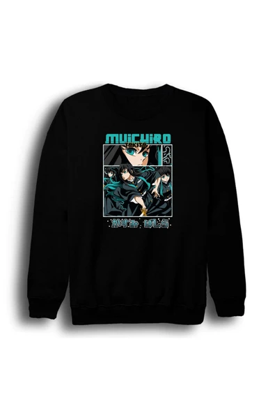 fame-stoned Demon Slayer Muichiro Tokito - Anime Baskılı Unisex %100 Pamuk Siyah Bisiklet Yaka Sweatshirt ürün görseli 1