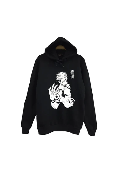 fame-stoned Jujutsu Kaisen Anime Baskılı Unisex %100 Pamuk Siyah Kapüşonlu Sweatshirt ürün görseli 1