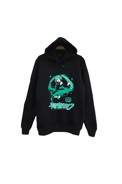 fame-stoned Hatsune Miku Anime Baskılı Unisex %100 Pamuk Siyah Kapüşonlu Sweatshirt ürün görseli 1
