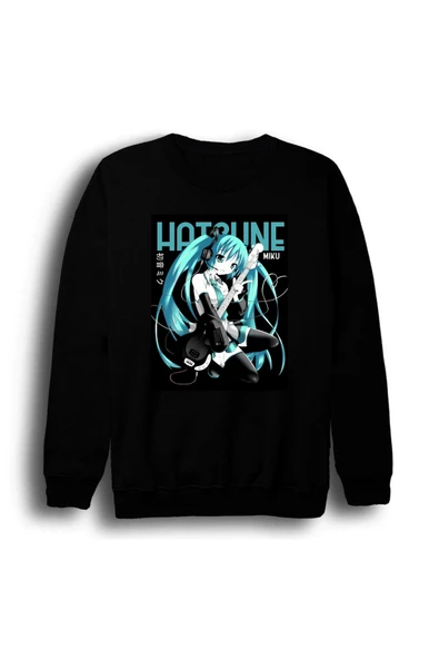 fame-stoned Hatsune Miku Anime Baskılı Unisex %100 Pamuk Siyah Kapüşonlu Bisiklet Yaka Sweatshirt ürün görseli 1