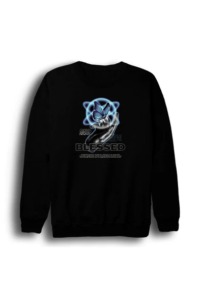 fame-stoned Gül Baskılı Unisex %100 Pamuk Siyah Bisiklet Yaka Sweatshirt ürün görseli 1