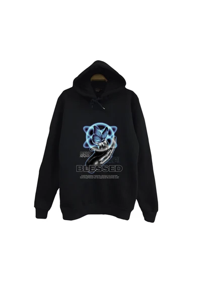 fame-stoned Gül Baskılı Unisex %100 Pamuk Siyah Kapüşonlu Sweatshirt ürün görseli 1