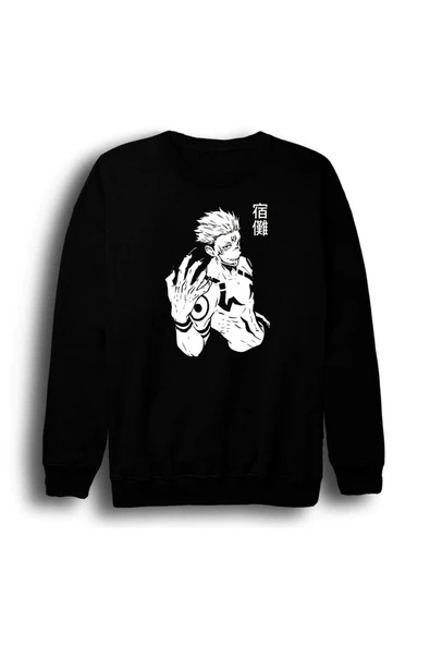 fame-stoned Jujutsu Kaisen Anime Baskılı Unisex %100 Pamuk Siyah Bisiklet Yaka Sweatshirt ürün görseli 1
