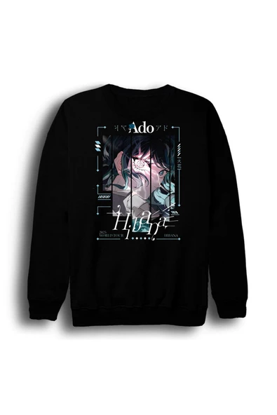 fame-stoned Ado Japon - K-Pop - Rock - Müzik Baskılı Unisex %100 Pamuk Bisiklet Yaka Siyah Sweatshirt ürün görseli 1