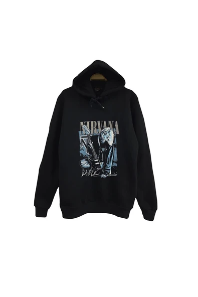 fame-stoned Nirvana - Kurt Cobain Baskılı Unisex %100 Pamuk Siyah Kapüşonlu Sweatshirt ürün görseli 1