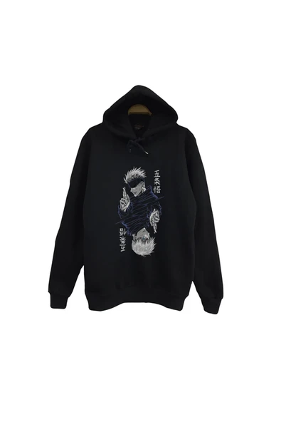 fame-stoned Jujutsu Kaisen Anime Baskılı Unisex %100 Pamuk Siyah Kapüşonlu Sweatshirt ürün görseli 1