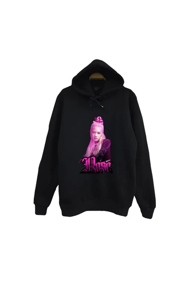 fame-stoned Rosé - BLACKPINK - K-Pop - Baskılı Unisex %100 Pamuk Kapüşonlu Siyah Sweatshirt ürün görseli 1
