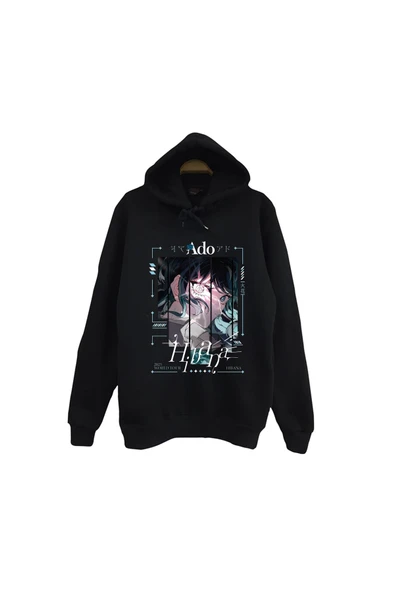 fame-stoned Ado Japon - K-Pop - Rock - Müzik Baskılı Unisex %100 Pamuk Kapüşonlu Siyah Sweatshirt ürün görseli 1