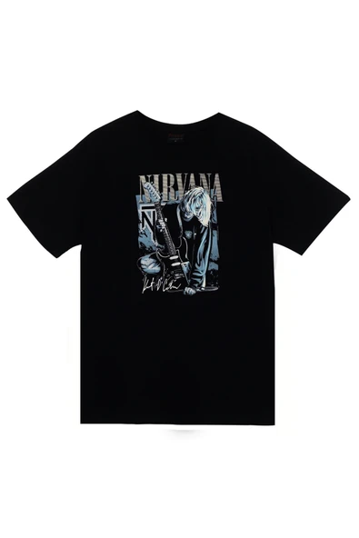 fame-stoned Nirvana - Kurt Cobain Baskılı Unisex %100 Pamuk Siyah T-shirt ürün görseli 1