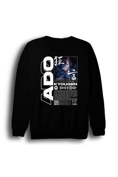 fame-stoned Ado Japon - K-Pop - Rock - Müzik Baskılı Unisex %100 Pamuk Bisiklet Yaka Siyah Sweatshirt ürün görseli 1