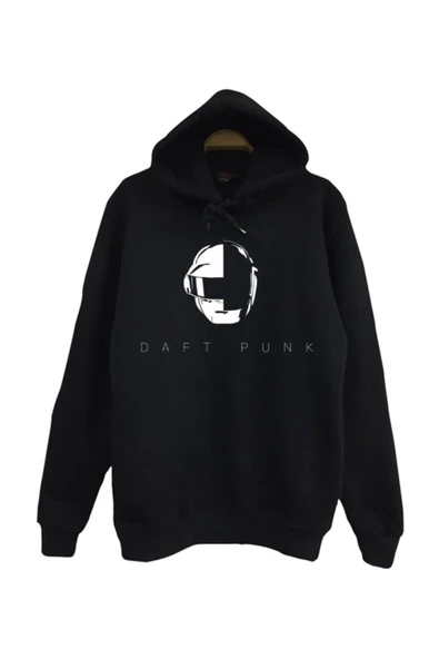 fame-stoned Unisex Siyah Daft Punk Baskılı Kapüşonlu Sweatshirt ürün görseli 1