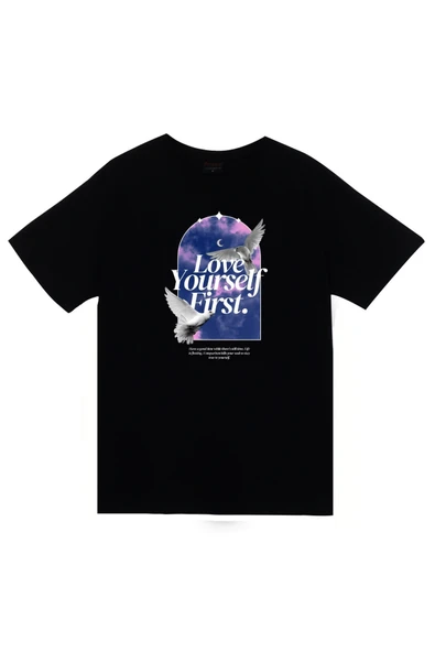 fame-stoned Love Yourself First - Kuş - Gökyüzü - Ay Baskılı Unisex %100 Pamuk Siyah T-shirt ürün görseli 1