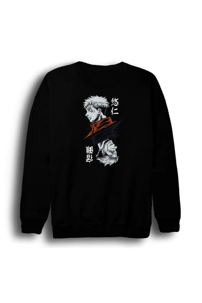 fame-stoned Jujutsu Kaisen Anime Baskılı Unisex %100 Pamuk Siyah Bisiklet Yaka Sweatshirt ürün görseli 1
