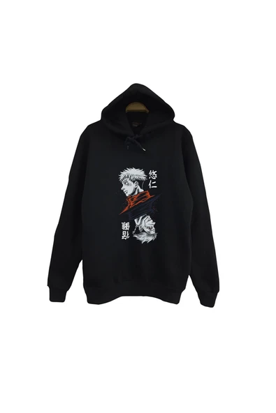fame-stoned Jujutsu Kaisen Anime Baskılı Unisex %100 Pamuk Siyah Kapüşonlu Sweatshirt ürün görseli 1