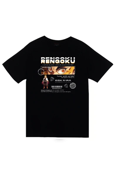 fame-stoned Demon Slayer Kyojuro Rengoku Baskılı Unisex %100 Pamuk Siyah T-shirt ürün görseli 1