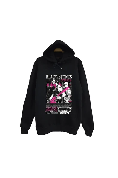 fame-stoned Black Stones Nana Baskılı Unisex %100 Pamuk Kapüşonlu Siyah Sweatshirt ürün görseli 1