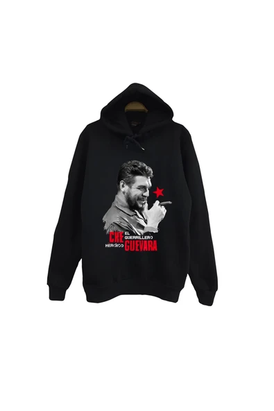 fame-stoned Che Guevera Baskılı Unisex %100 Pamuk Siyah Kapüşonlu Sweatshirt ürün görseli 1