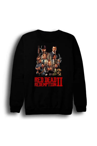 fame-stoned Red Dead Redemption 2 - Oyun Baskılı Unisex %100 Pamuk Bisiklet Yaka Siyah Sweatshirt ürün görseli 1
