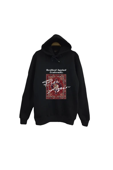 fame-stoned Motif - Halı - Dokuma Baskılı Unisex %100 Pamuk Siyah Kapüşonlu Sweatshirt ürün görseli 1