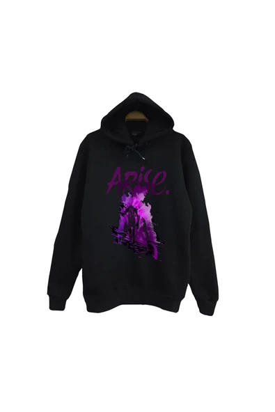 fame-stoned Solo Leveling Arise Anime Baskılı Unisex %100 Pamuk Kapüşonlu Siyah Sweatshirt ürün görseli 1