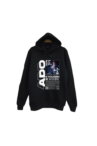 fame-stoned Ado Japon - K-Pop - Rock - Müzik Baskılı Unisex %100 Pamuk Kapüşonlu Siyah Sweatshirt ürün görseli 1