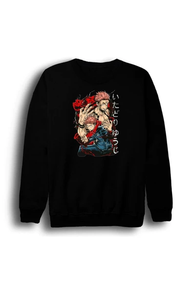 fame-stoned Jujutsu Kaisen - Anime Baskılı Unisex %100 Pamuk Siyah Bisiklet Yaka Sweatshirt ürün görseli 1