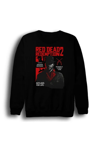 fame-stoned Red Dead Redemption 2 - Oyun Baskılı Unisex %100 Pamuk Bisiklet Yaka Siyah Sweatshirt ürün görseli 1