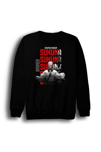 fame-stoned Jujutsu Kaisen - Sukuna - Anime Baskılı Unisex %100 Pamuk Siyah Bisiklet Yaka Sweatshirt ürün görseli 1