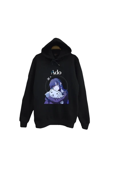 fame-stoned Ado Japon - K-Pop - Rock - Müzik Baskılı Unisex %100 Pamuk Kapüşonlu Siyah Sweatshirt ürün görseli 1