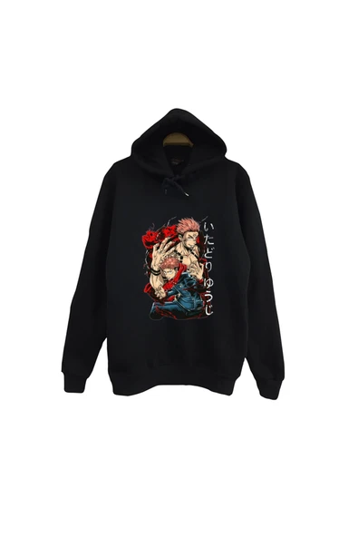 fame-stoned Jujutsu Kaisen - Anime Baskılı Unisex %100 Pamuk Siyah Kapüşonlu Sweatshirt ürün görseli 1