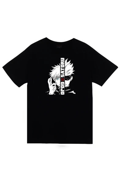 fame-stoned Jujutsu Kaisen Satoru Gojo Anime Baskılı Unisex %100 Pamuk Siyah T-shirt ürün görseli 1