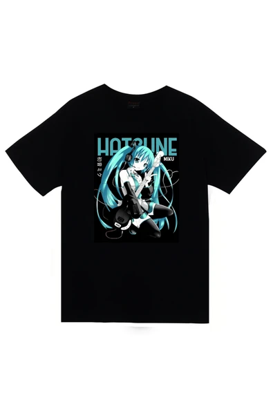fame-stoned Hatsune Miku Anime Baskılı Unisex %100 Pamuk Siyah T-shirt ürün görseli 1