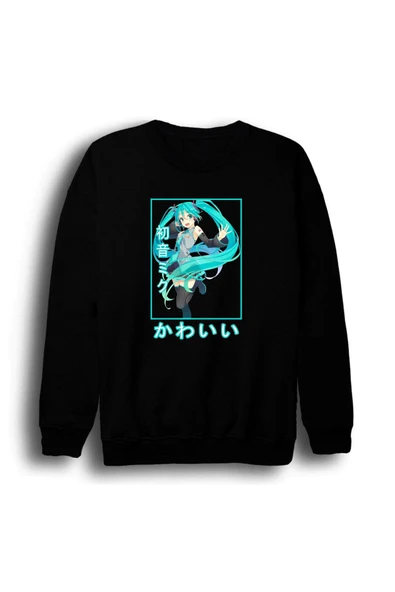 fame-stoned Hatsune Miku Anime Baskılı Unisex %100 Pamuk Siyah Bisiklet Yaka Sweatshirt ürün görseli 1