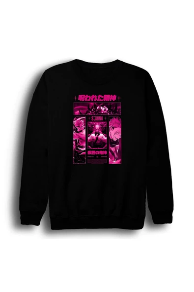 fame-stoned Jujutsu Kaisen - Ryomen Sukuna - Anime Baskılı Unisex %100 Pamuk Siyah Bisiklet Yaka Sweatshirt ürün görseli 1