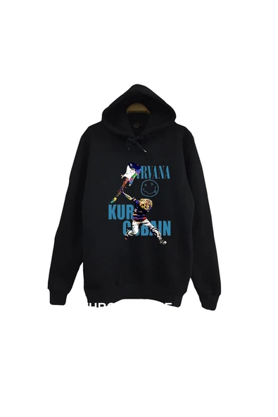 fame-stoned Nirvana - Kurt Cobain Baskılı Unisex %100 Pamuk Siyah Kapüşonlu Sweatshirt ürün görseli 1