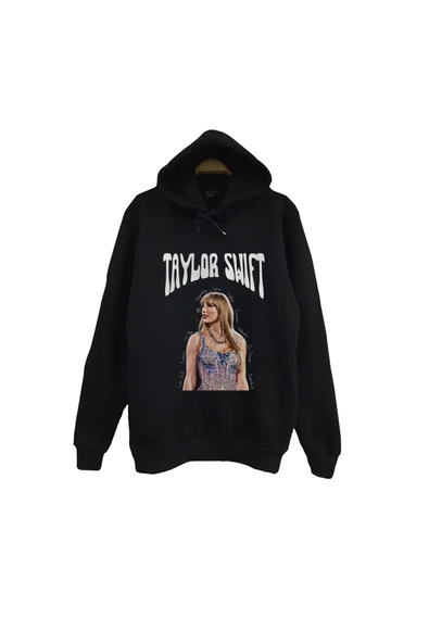 fame-stoned Taylor Swift Baskılı Unisex %100 Pamuk Siyah Kapüşonlu Sweatshirt ürün görseli 1