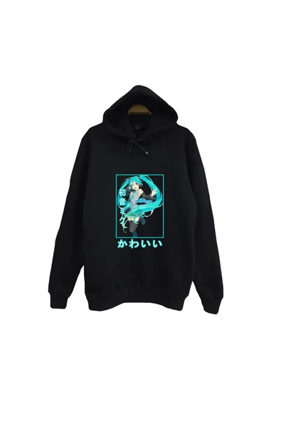 fame-stoned Hatsune Miku Anime Baskılı Unisex %100 Pamuk Siyah Kapüşonlu Sweatshirt ürün görseli 1