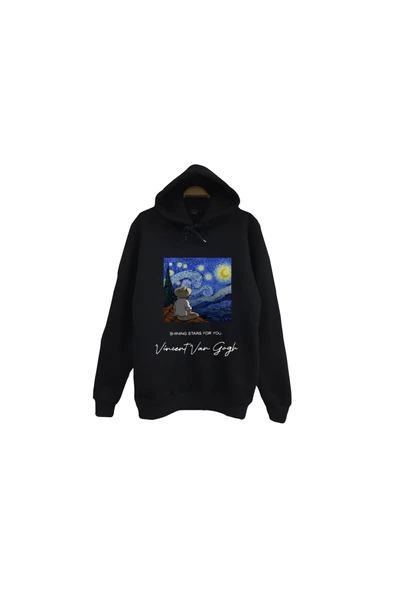 fame-stoned Vincent Van Gogh Baskılı Unisex %100 Pamuk Siyah Kapüşonlu Sweatshirt ürün görseli 1