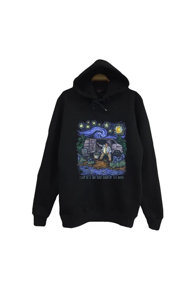 fame-stoned Vincent Van Gogh Baskılı Unisex %100 Pamuk Siyah Kapüşonlu Sweatshirt ürün görseli 1