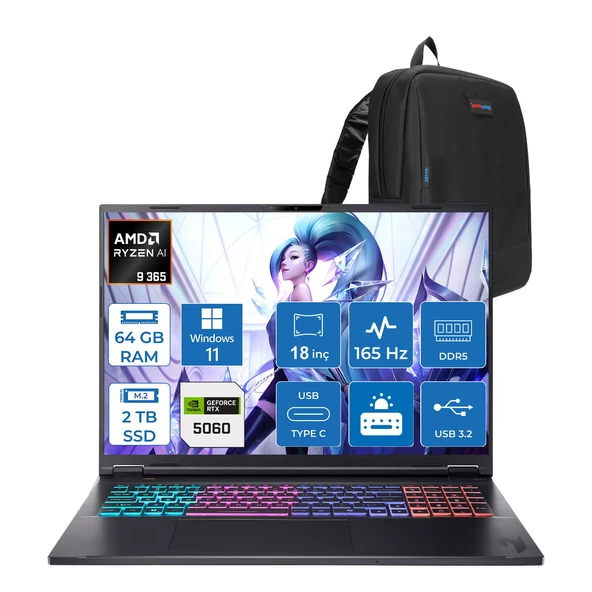 Acer Nitro 18 Aı Amd AN18-AMD Ryzen™ Aı 9 365 64GB Ddr5 2tb SSD 8GB/RTX5060 115W 18" Qhd+ 2560 x 1600 165 Hz IPS  WIN11HOME Gaming Bilgisayar. NHQYHEY001H19+ZETTAÇANTA ürün görseli 1