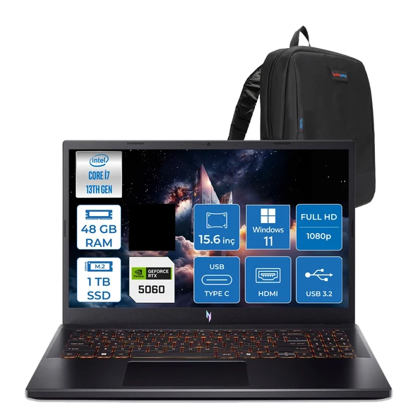Acer Nitro V 15 ANV15-52 Intel Core I7 13620H 48GB 1tb SSD Nvıdıa Geforce RTX5060 8gb 75W Windows 11 Pro 15.6" FHD(1920 x 1080) IPS 165HZ Taşınabilir Bilgisayar NHQZ8EY002P28 + Zetta Çanta ürün görseli 1