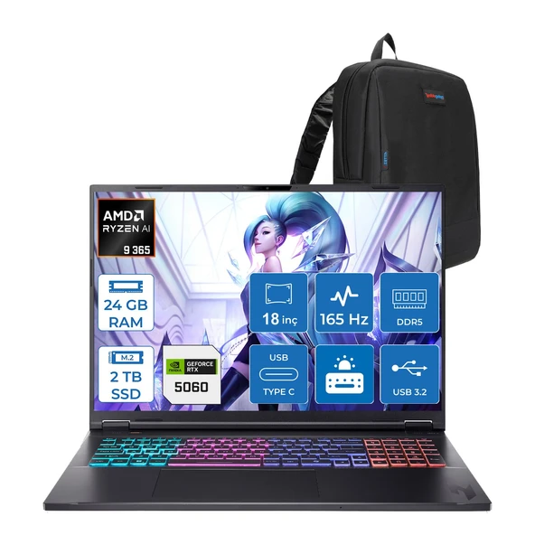 Acer Nitro 18 Aı Amd AN18-AMD Ryzen™ Aı 9 365 24GB Ddr5 2tb SSD 8GB/RTX5060 115W 18" Qhd+ 2560 x 1600 165 Hz IPS  Freedos Gaming Bilgisayar. NHQYHEY001F04+ZETTAÇANTA ürün görseli 1