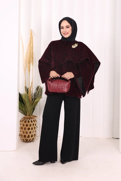 Atkı Detay Leoparlı Panço 70061-1 Bordo ürün görseli 1