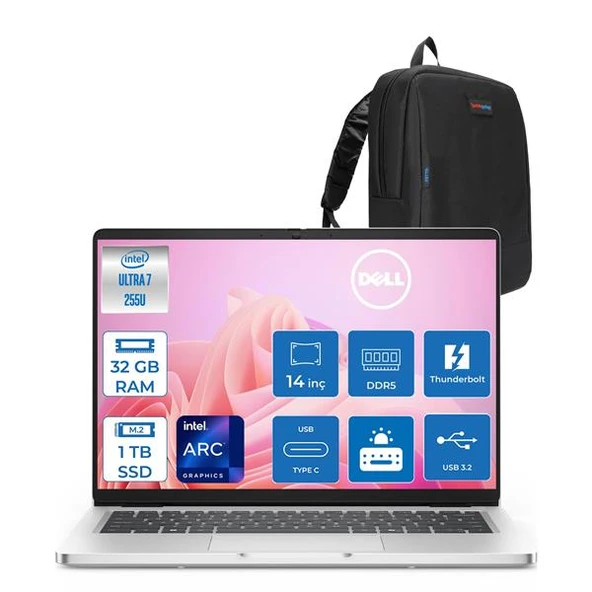 Dell Pro 14 Intel Core 7 255U 32GB Ddr5 1tb SSD Intel Graphics 14" Fhd+ IPS 300NITS Ubuntu Taşınabilir Bilgisayar PC14250BTO107F10 + Zettaçanta ürün görseli 1