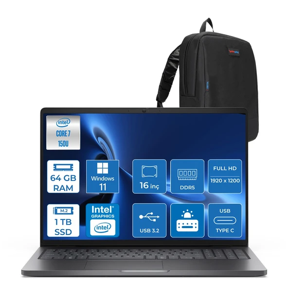 Dell Pro 16 PC16250 Intel Core 7 150U 64GB Ddr5 1tb SSD 16 Fhd+ IPS (1920X1200) 300 Nits WIN11HOME Taşınabilir Bilgisayar. PC16250C7165H18+ZETTAÇANTA ürün görseli 1